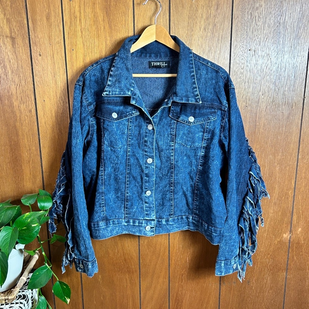 THRILL JEANS Denim Jacket Blue Acid Wash Frayed Fringe Sleeves Distressed Size L